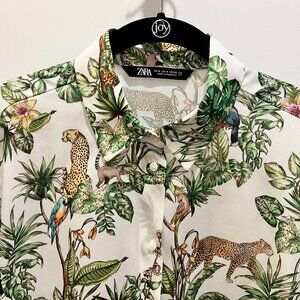 Zara Silky Jungle Floral Button-Up Long-Sleeve Shirt, Size Medium, EUC